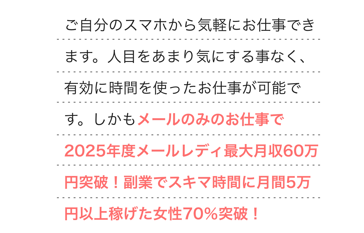  
        ご自分のスマホから気軽にお仕事できます。人目をあまり気にする事なく、有効に時間を使ったお仕事が可能です。しかもメールのみのお仕事で2025年度最大月収60万円突破！副業でスキマ時間に月間5万円以上稼げた女性70％突破！