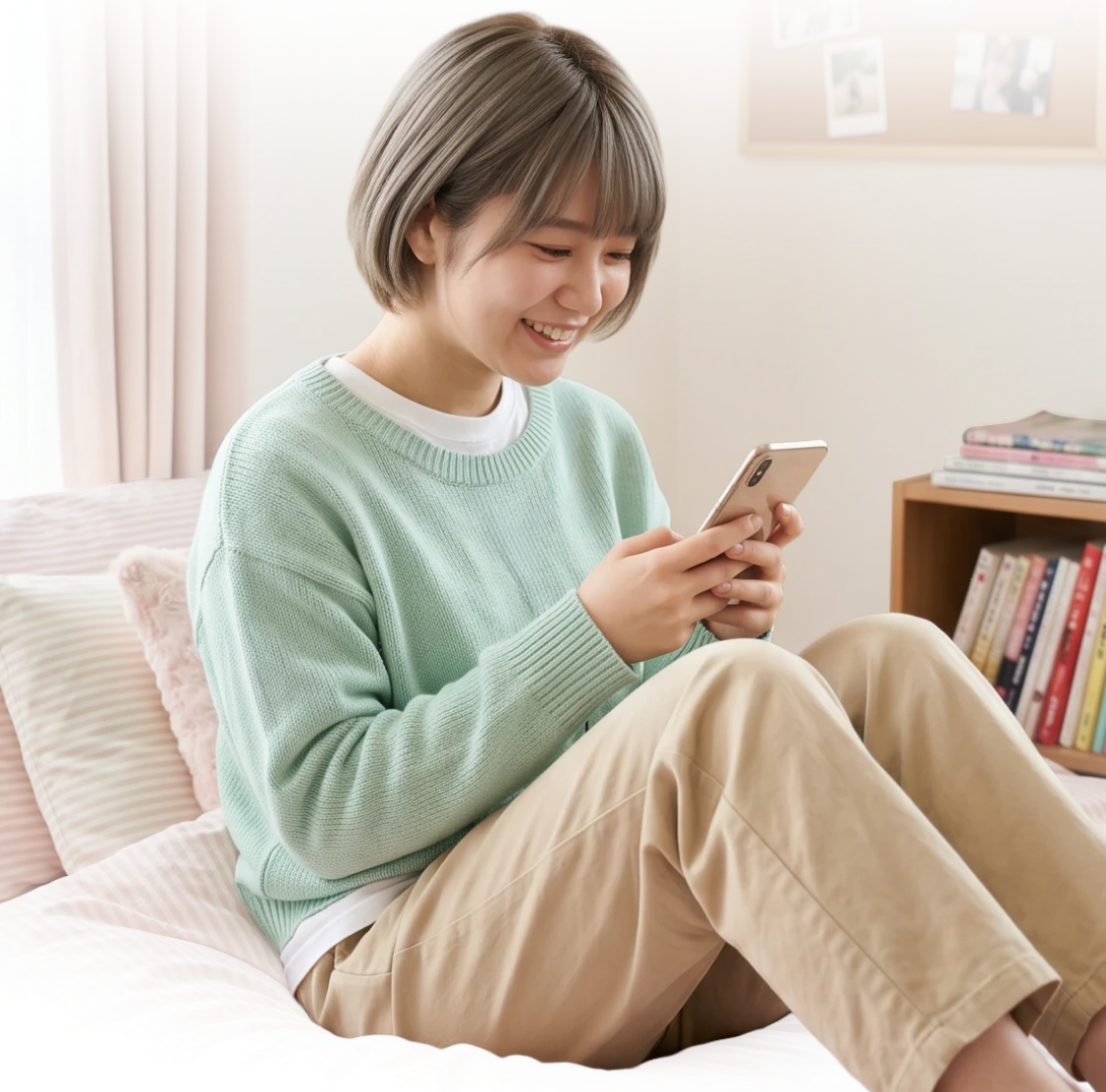 部屋でスマホを見る女性のイメージ