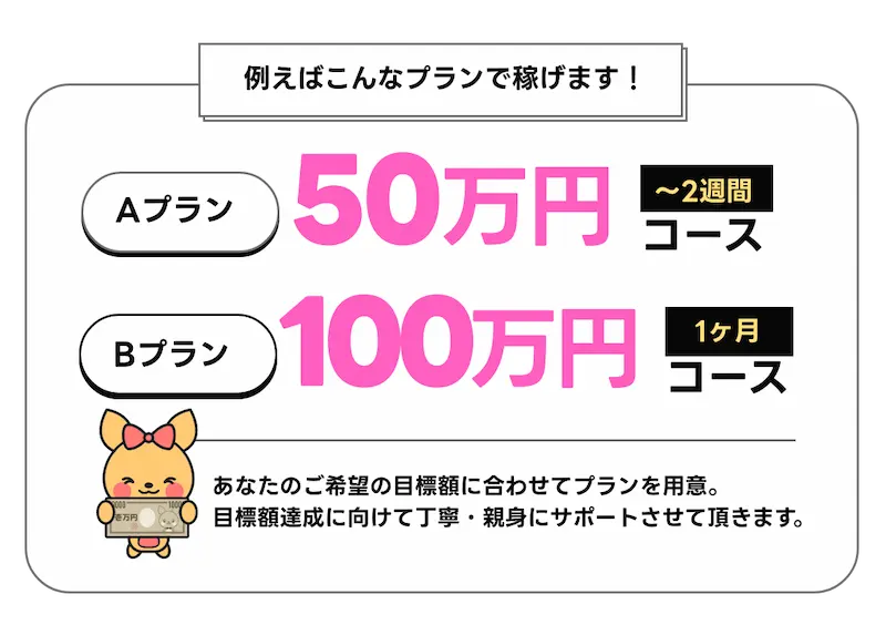 例えばこんなプランで稼げます [Aプラン ：50万円(2週間)コース] [Bプラン ：100万円(1ヶ月)コース]　あなたのご希望の目標額に併せてプランを用意。目標額達成に向けて丁寧、親身にサポートさせて頂きます。